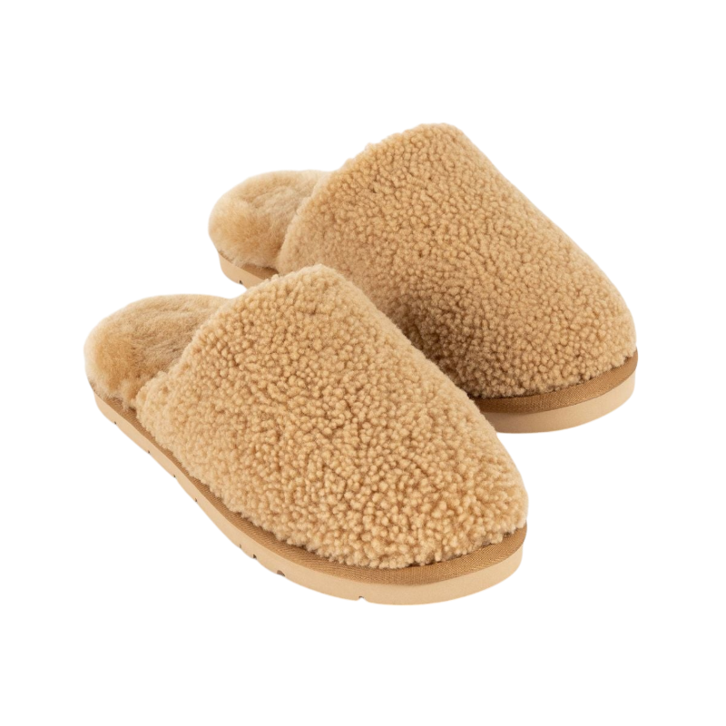 A pair of Puffy Sheep Slippers by Cozy Earth, featuring a cozy tan design with a fuzzy, textured exterior and soft interior, crafted in a slip-on style with rubber soles, set against a plain white background. |Color:Fawn