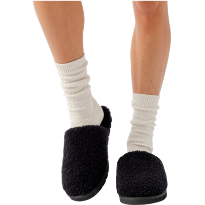 A pair of Puffy Sheep Slippers by Cozy Earth, featuring a cozy tan design with a fuzzy, textured exterior and soft interior, crafted in a slip-on style with rubber soles, set against a plain white background. |Color:Fawn