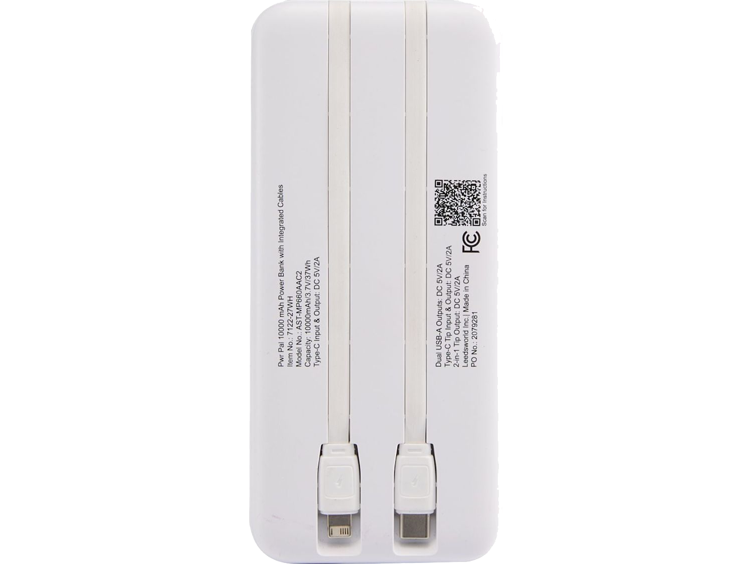 Pwr Pal 10000 mAh Power Bank with Integrated Cable - White - Wireless Power Banks