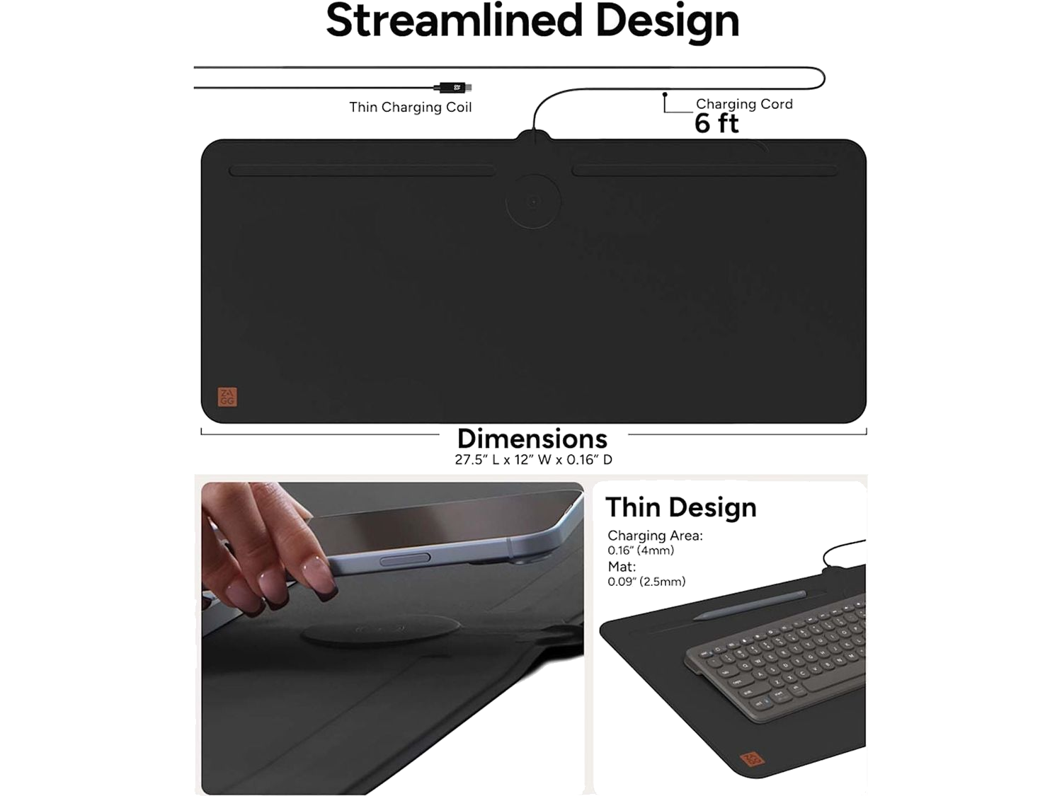 Zagg Desk Mat with Wireless Charging - Black - Charging Pads