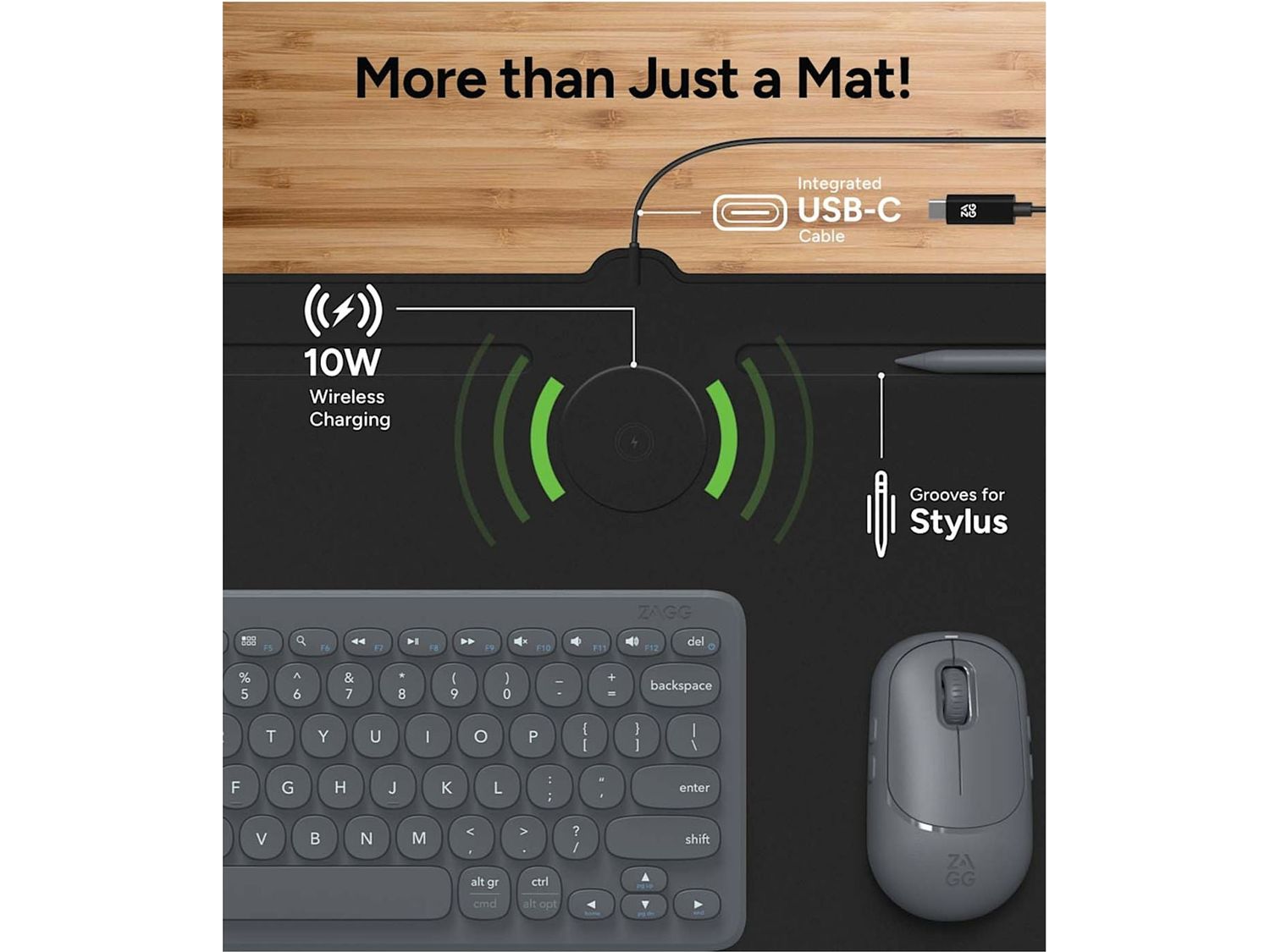 Zagg Desk Mat with Wireless Charging - Black - Charging Pads